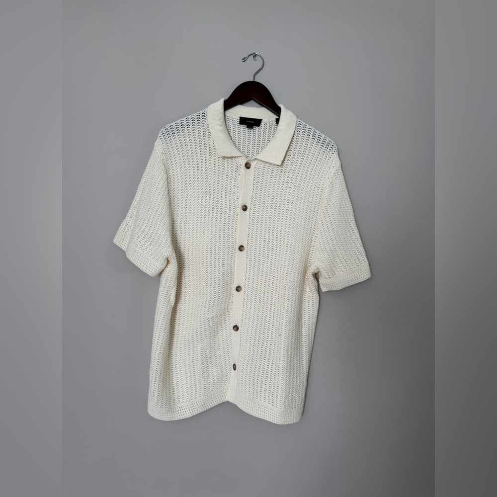 Vince Cream Cotton Knit Button-Up Shirt